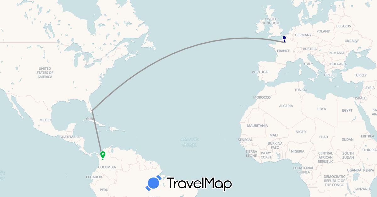 TravelMap itinerary: driving, bus, plane in Colombia, France, United States (Europe, North America, South America)